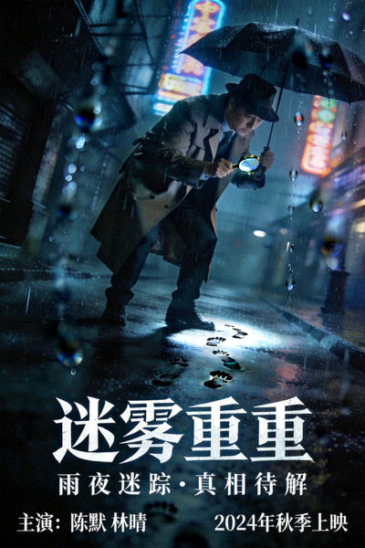 悬疑剧《迷雾重重》海报 - 侦探在雨夜调查的神秘氛围